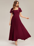 Ruched Chiffon Ruffle Sleeve Bridesmaid Dress #color_Burgundy