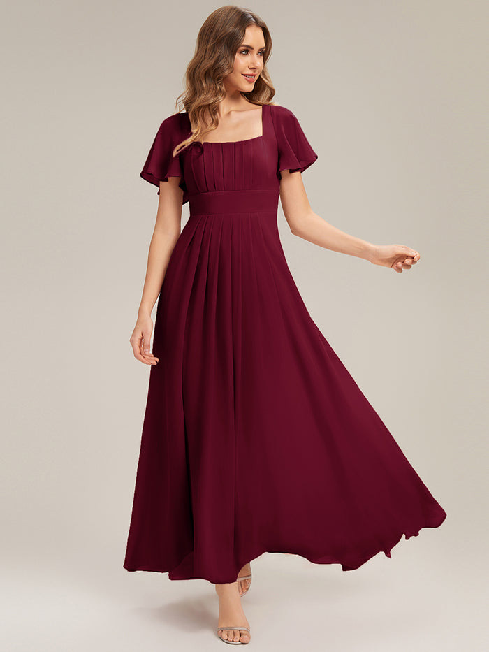Ruched Chiffon Ruffle Sleeve Bridesmaid Dress #color_Burgundy