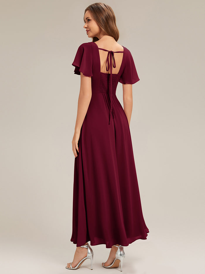 Ruched Chiffon Ruffle Sleeve Bridesmaid Dress #color_Burgundy