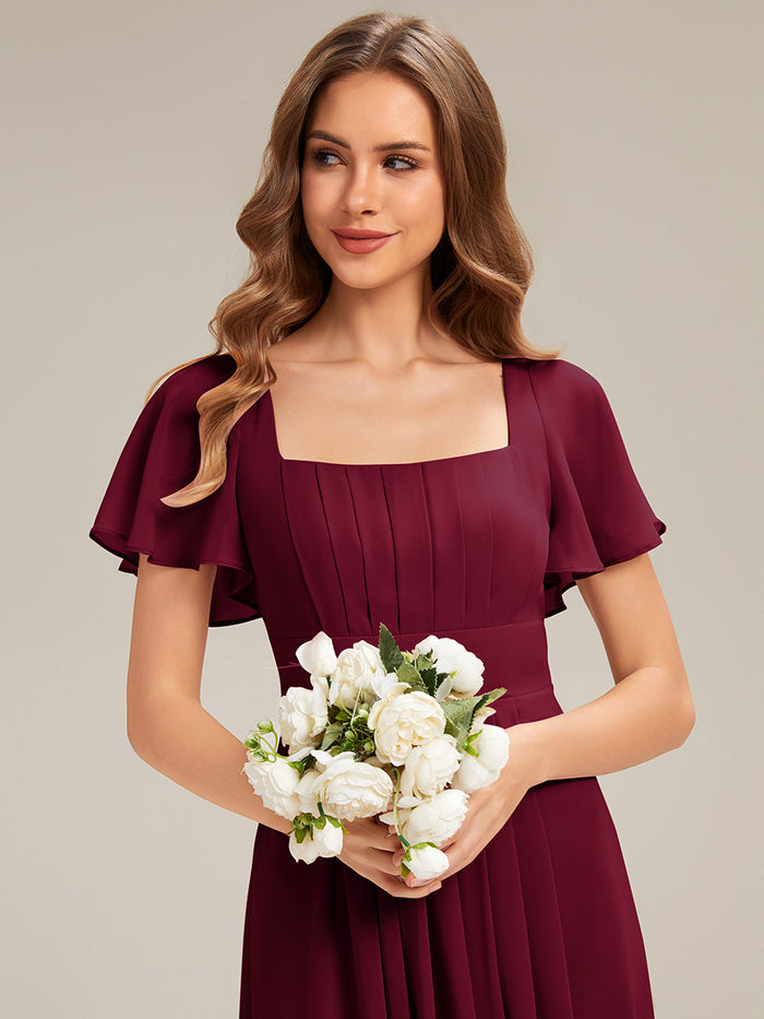 Ruched Chiffon Ruffle Sleeve Bridesmaid Dress #color_Burgundy