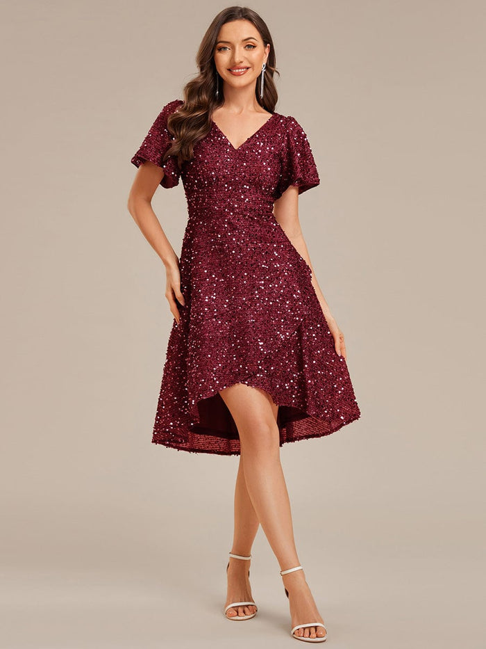 Deep V-neck Sequin Ruffle Sleeve Formal Dress #color_Burgundy