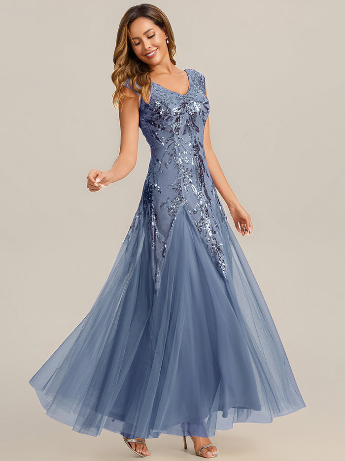 Glitter Embroidered Cap Sleeve High Stretch Mother of the Bride Dress #color_Dusty Blue
