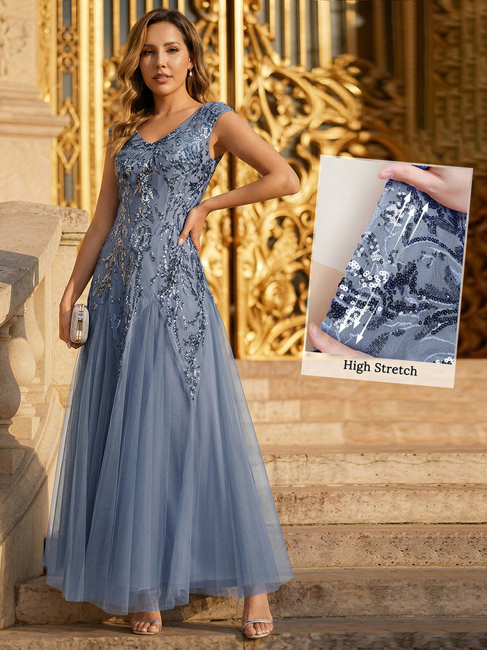 Glitter Embroidered Cap Sleeve High Stretch Mother of the Bride Dress #color_Dusty Blue