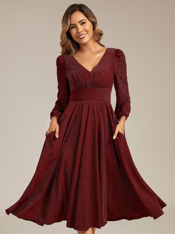 With Pocket Glitter Midi Wedding Guest Dress #color_Burgundy