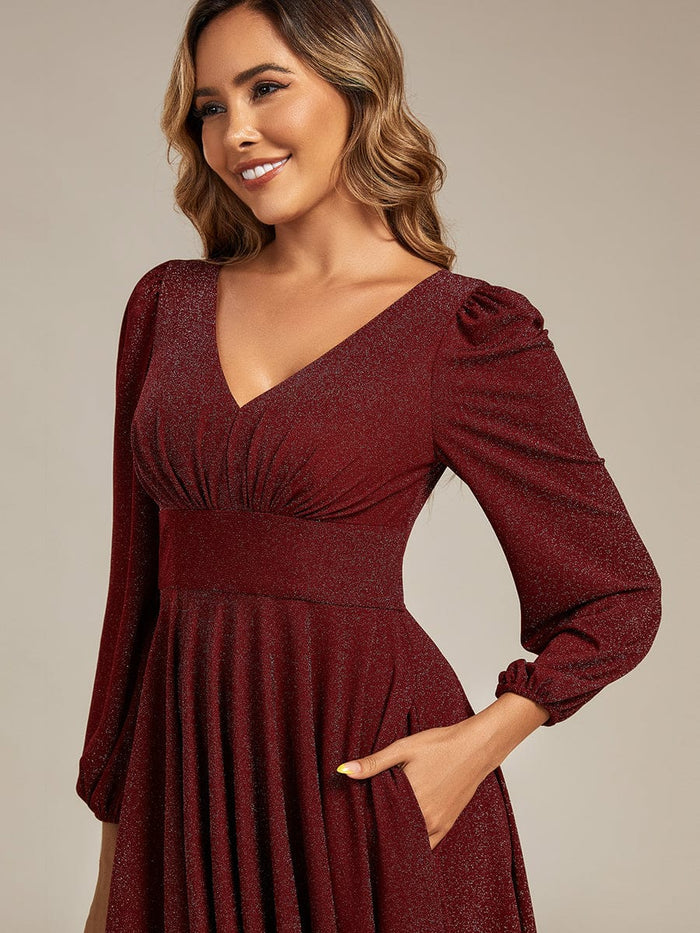 With Pocket Glitter Midi Wedding Guest Dress #color_Burgundy