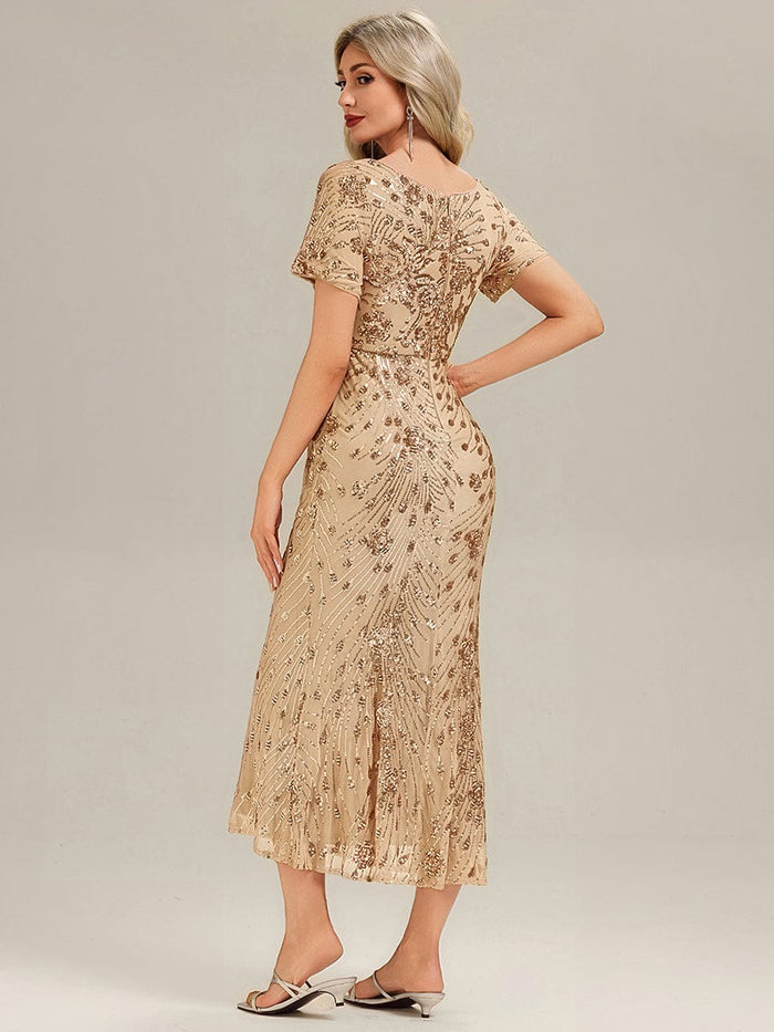 Sequin Mermaid Round Neck Dress #color_Gold