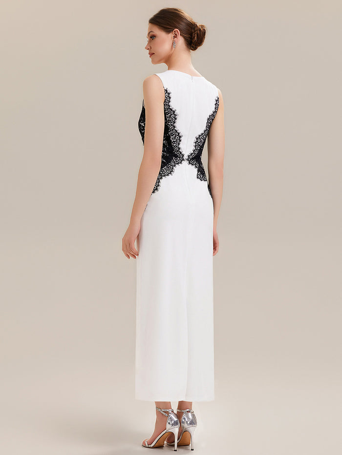 Waist Cut-Out Knit Sleeveless Evening Dress #color_Ivory-Black
