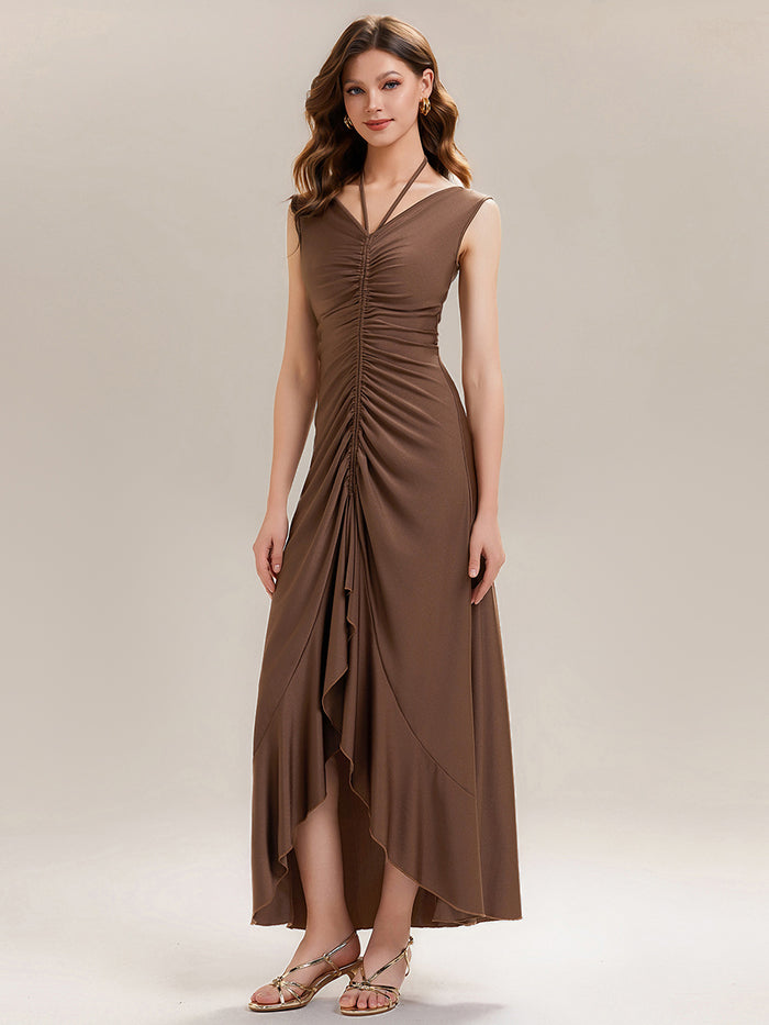 Ruched Asymmetric Hemline Flattering Evening Dress #color_Brown