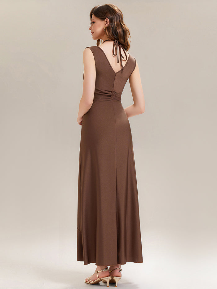 Ruched Asymmetric Hemline Flattering Evening Dress #color_Brown