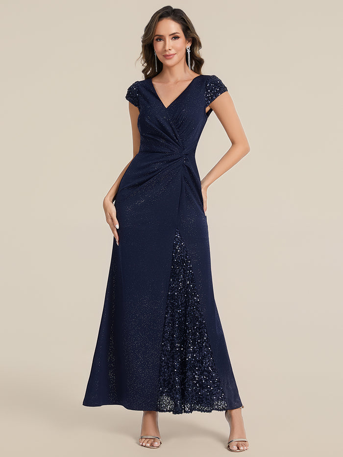 Knotted Knit Cap Sleeve Maxi Glitter Evening Dress #color_Navy Blue