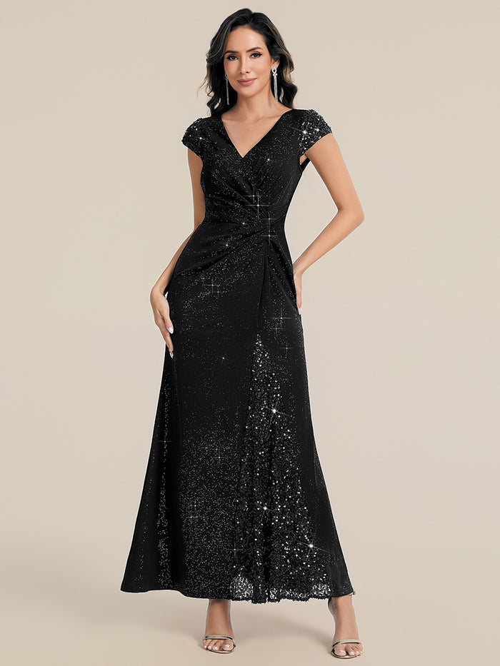 Knotted Knit Cap Sleeve Maxi Glitter Evening Dress #color_Black