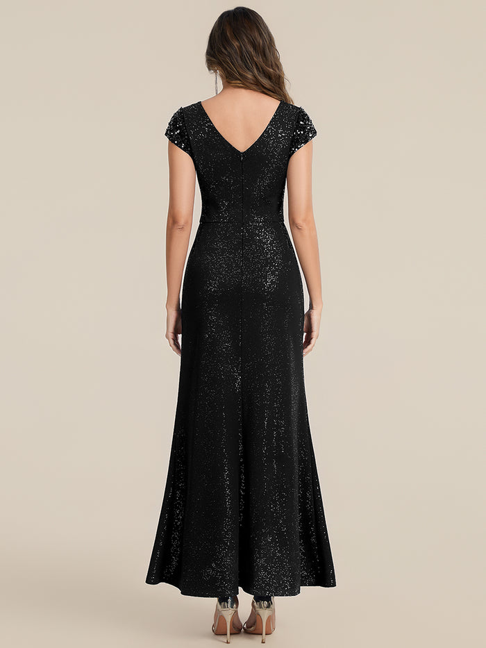 Knotted Knit Cap Sleeve Maxi Glitter Evening Dress #color_Black