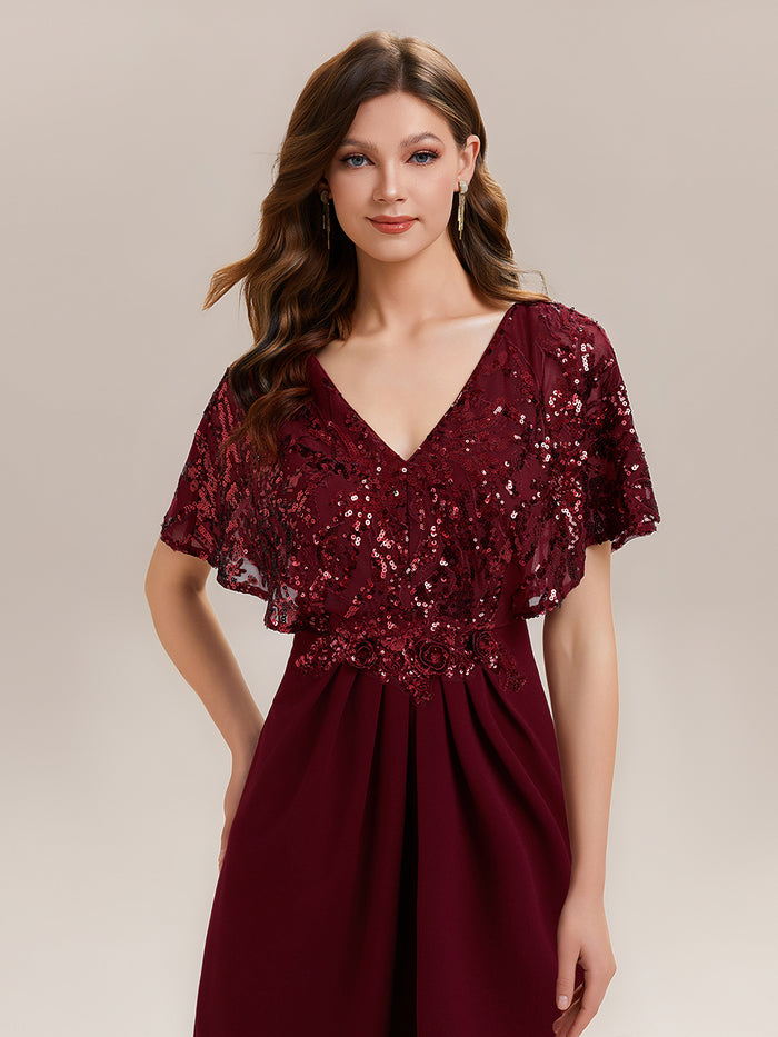 Double V-Neck Sequin Batwing Sleeve Evening Dress #color_Burgundy