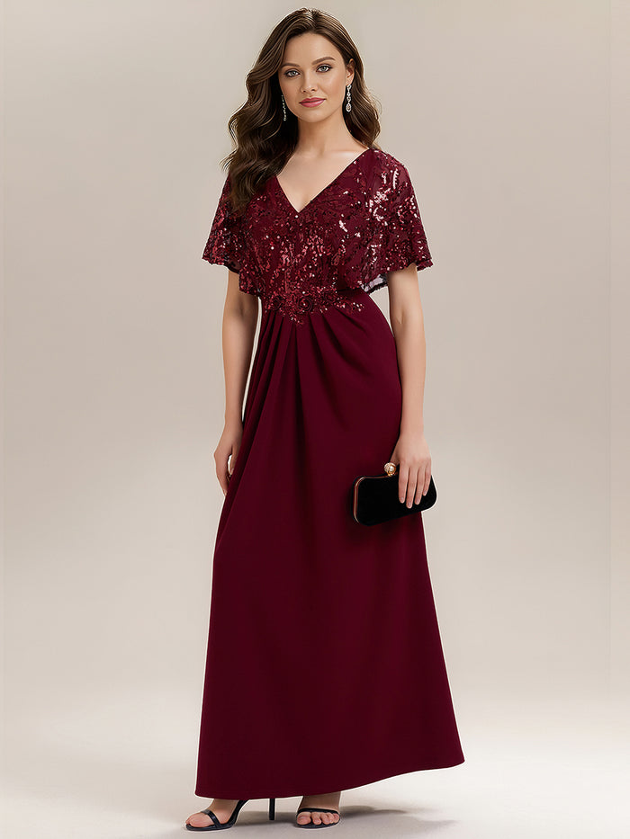 Double V-Neck Sequin Batwing Sleeve Evening Dress #color_Burgundy