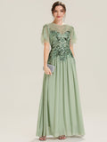 Embroidered Sequin Ruffle Sleeve Black Tie Evening Dress #color_Mint Green