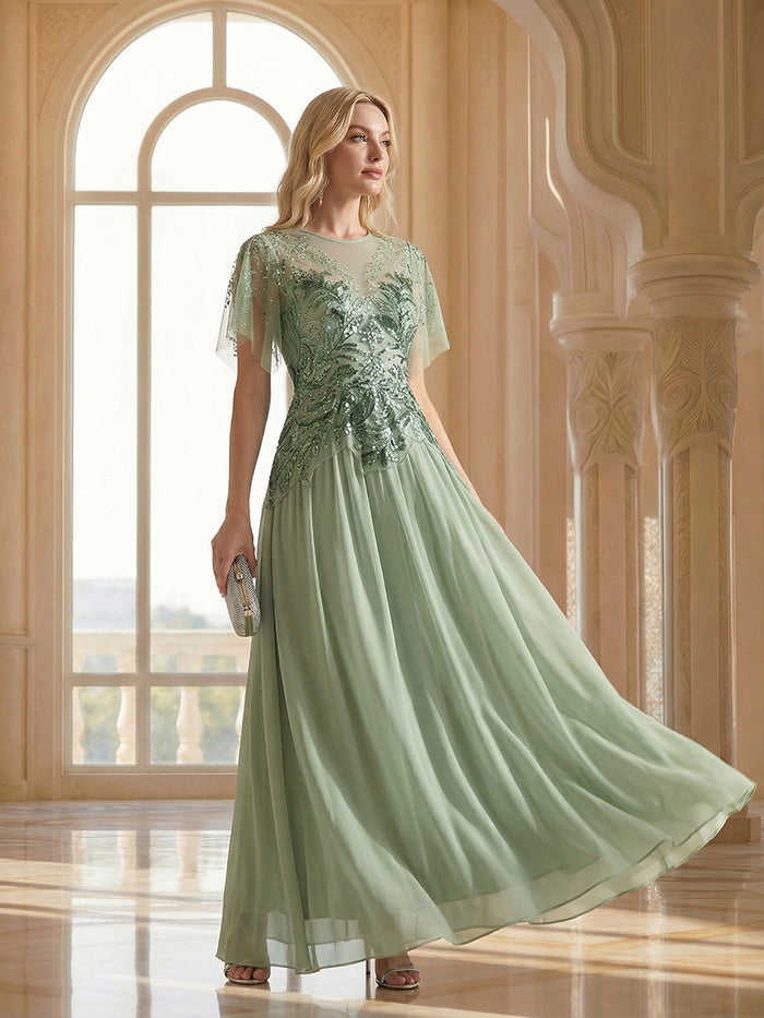 Embroidered Sequin Ruffle Sleeve Black Tie Evening Dress #color_Mint Green