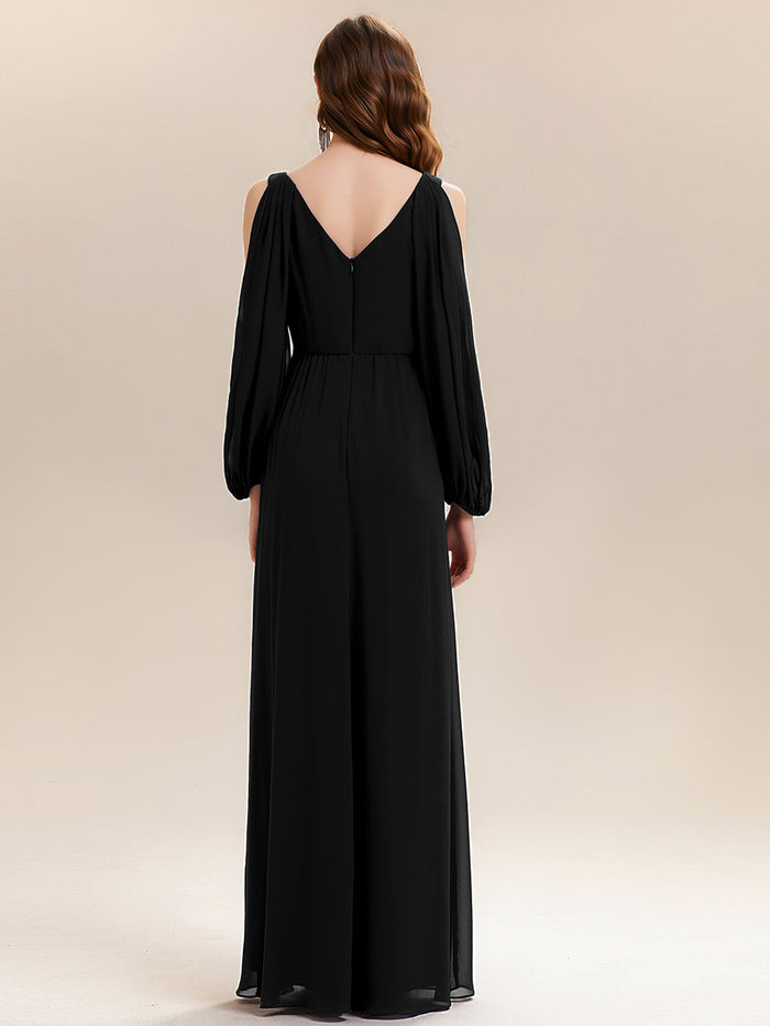 Rhinestone Embellished Chiffon Lantern Sleeve Wedding Guest Dress #color_Black