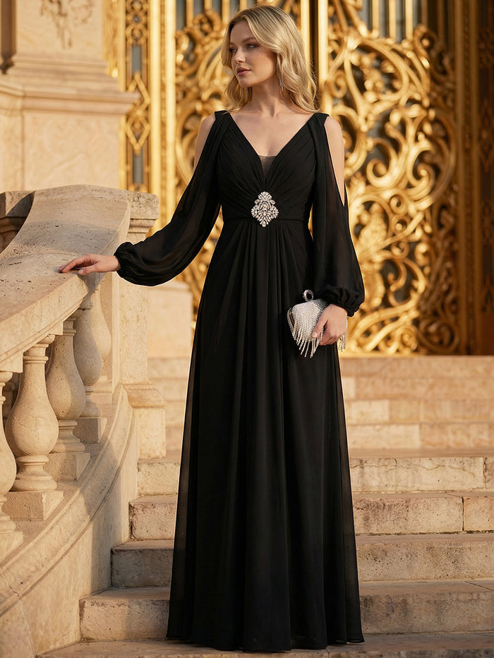 Rhinestone Embellished Chiffon Lantern Sleeve Wedding Guest Dress #color_Black