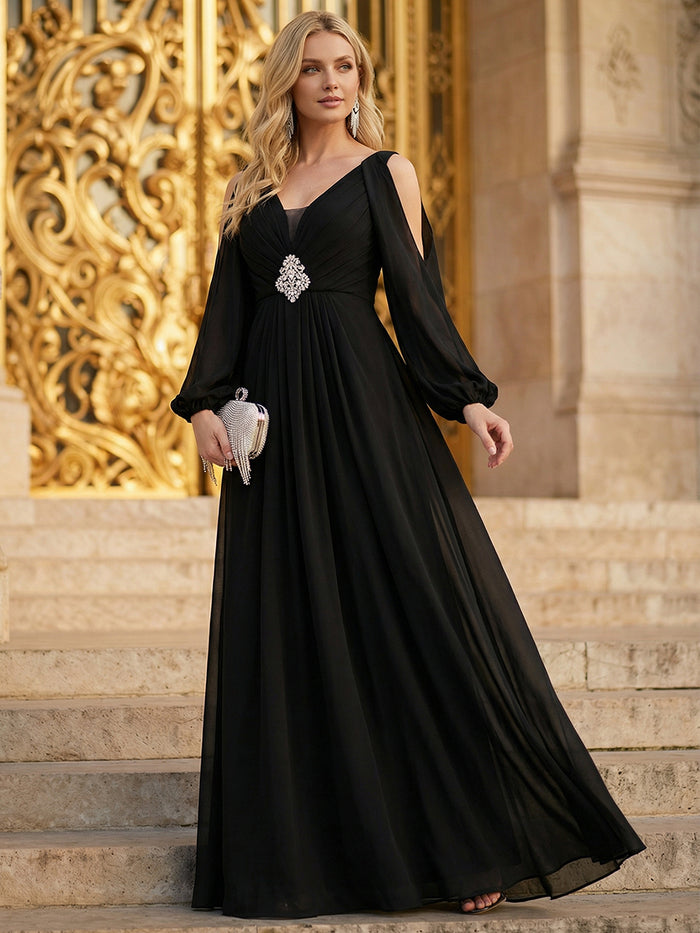 Rhinestone Embellished Chiffon Lantern Sleeve Wedding Guest Dress #color_Black