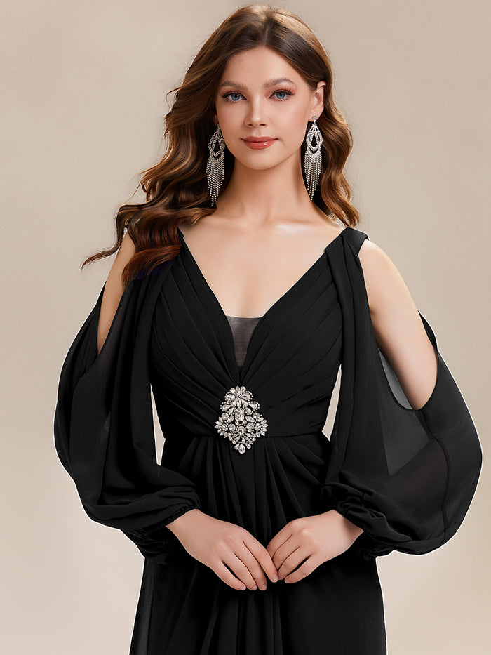 Rhinestone Embellished Chiffon Lantern Sleeve Wedding Guest Dress #color_Black