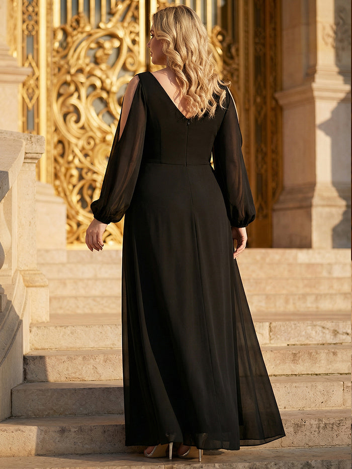 Rhinestone Embellished Chiffon Lantern Sleeve Wedding Guest Dress #color_Black