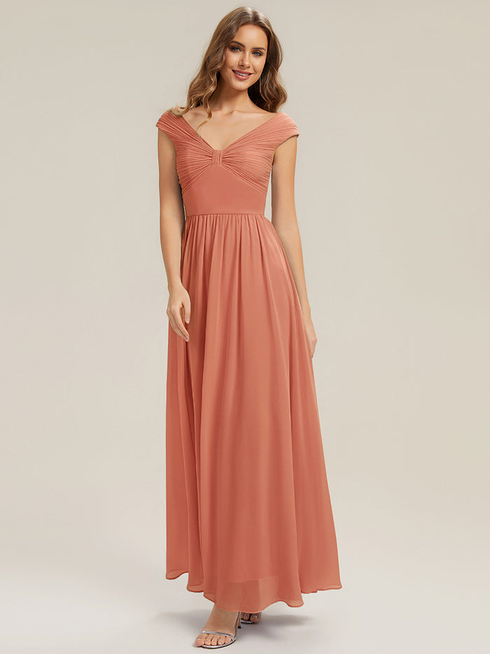 Pleated Chiffon Cap Sleeve Bridesmaid Dress #color_Coral Pink