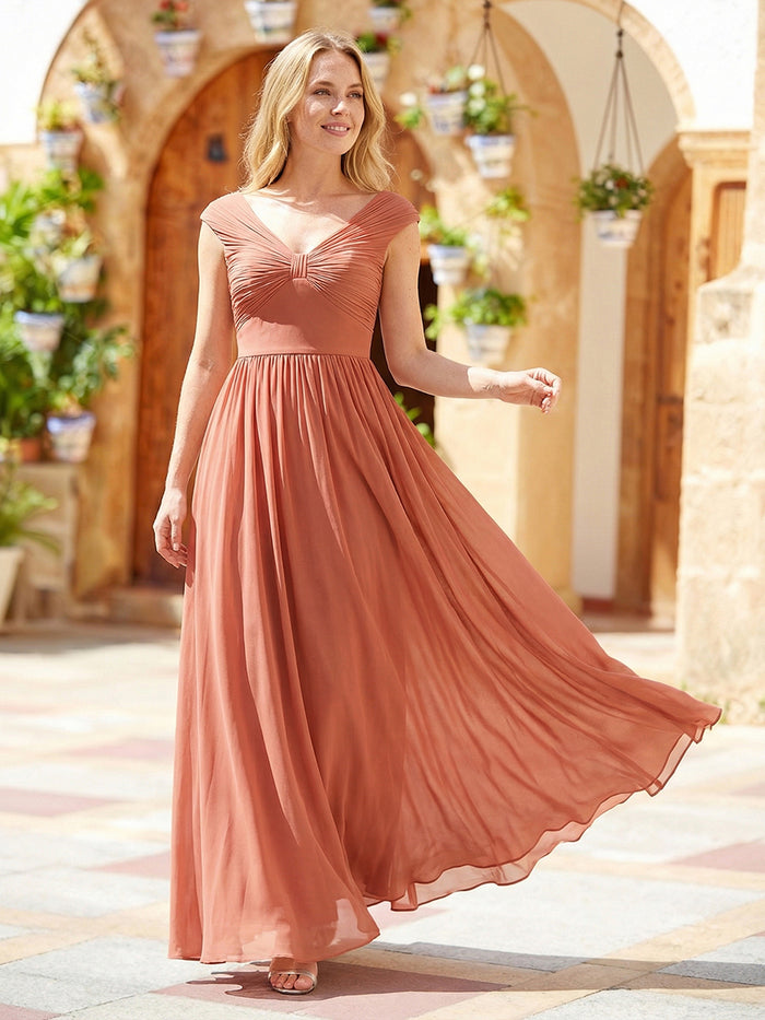 Pleated Chiffon Cap Sleeve Bridesmaid Dress #color_Coral Pink