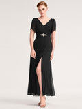 Chiffon A-Line Ruffle Sleeve Evening Dress #color_Black
