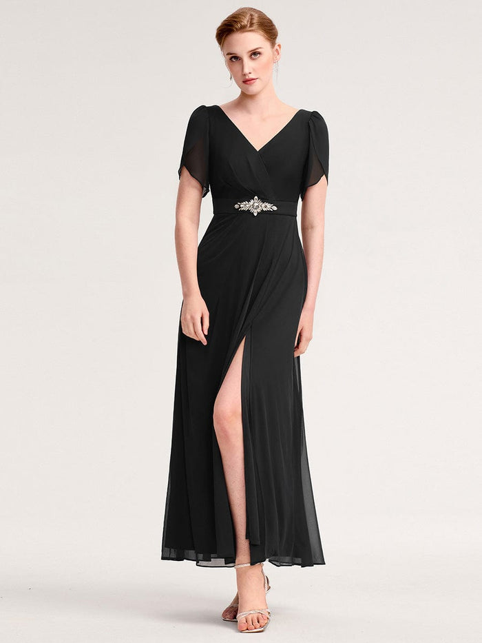 Chiffon A-Line Ruffle Sleeve Evening Dress #color_Black