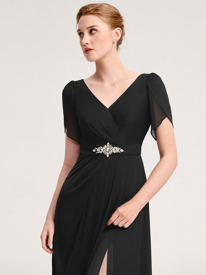 Chiffon A-Line Ruffle Sleeve Evening Dress #color_Black