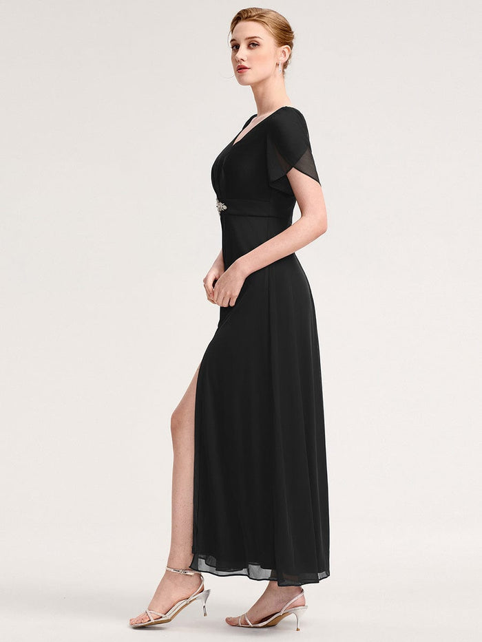Chiffon A-Line Ruffle Sleeve Evening Dress #color_Black