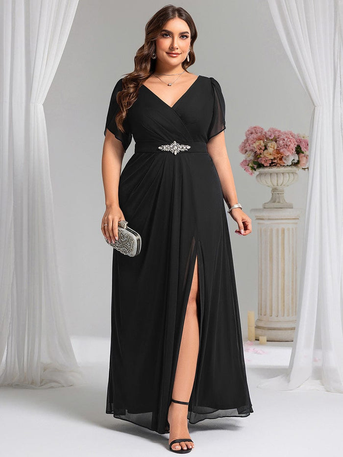 Chiffon A-Line Ruffle Sleeve Evening Dress #color_Black