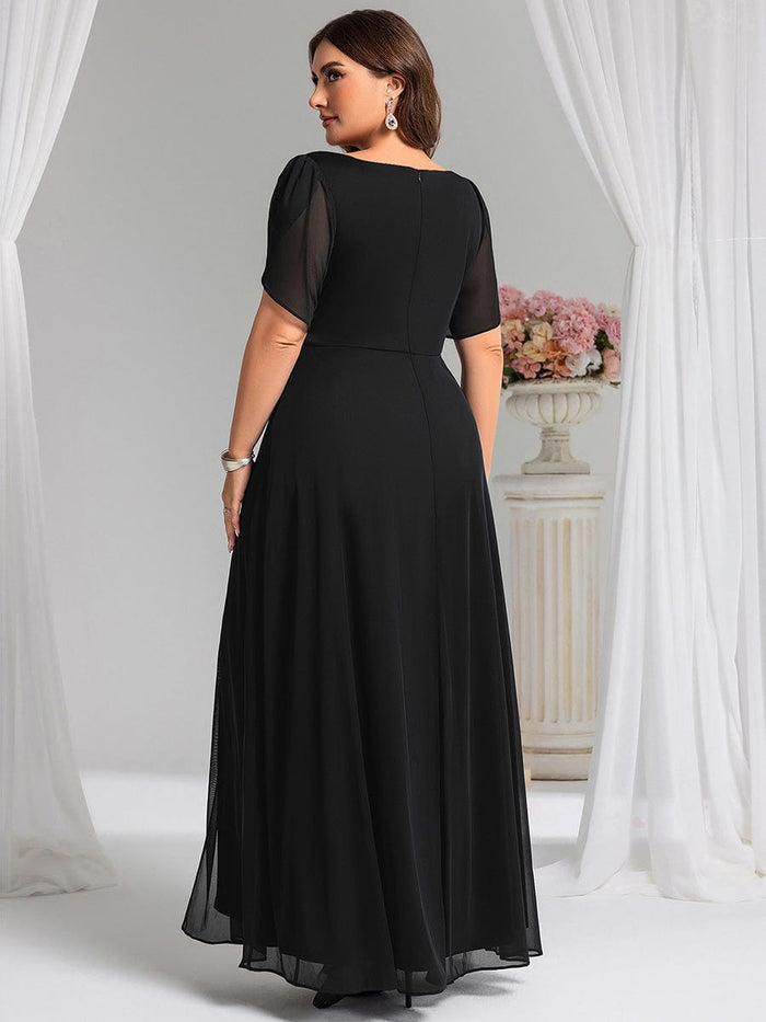 Chiffon A-Line Ruffle Sleeve Evening Dress #color_Black