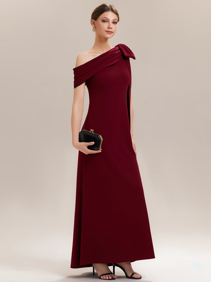 Asymmetric Shoulder with Bow Knit Wedding Guest Dress #color_Dark Red