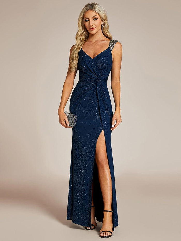 Glitter V-Neck Cruise Journey Evening Dress #color_Navy Blue