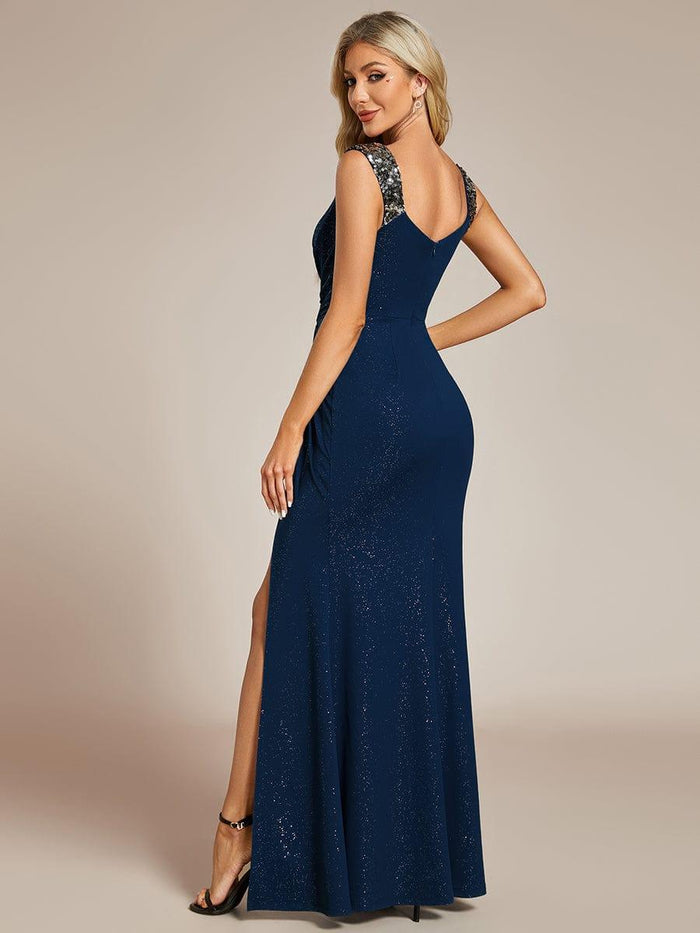 Glitter V-Neck Cruise Journey Evening Dress #color_Navy Blue