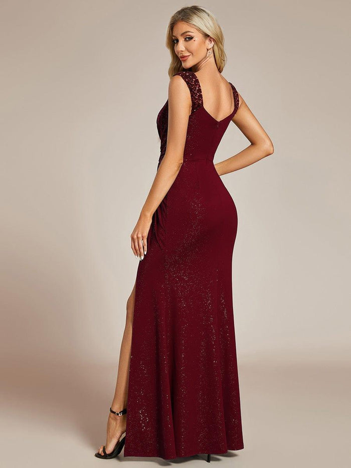 Glitter V-Neck Cruise Journey Evening Dress #color_Burgundy