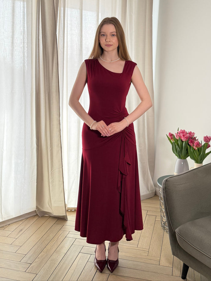 Ruffled Knit Cap Sleeve Evening Dress #color_Burgundy