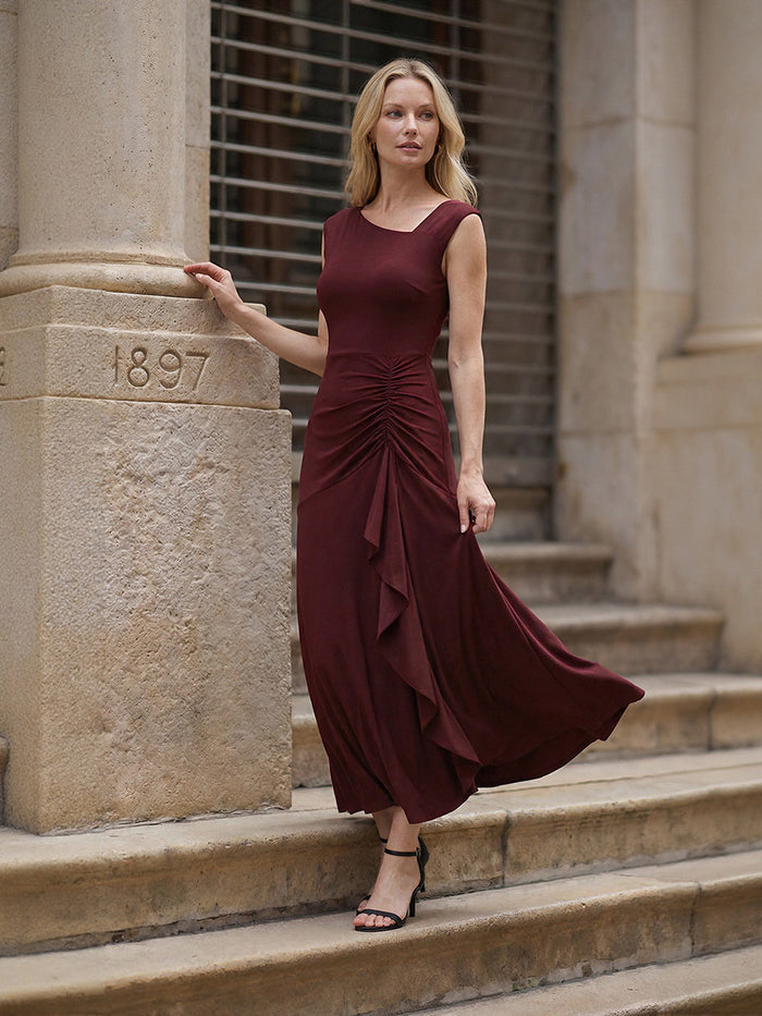 Ruffled Knit Cap Sleeve Evening Dress #color_Burgundy
