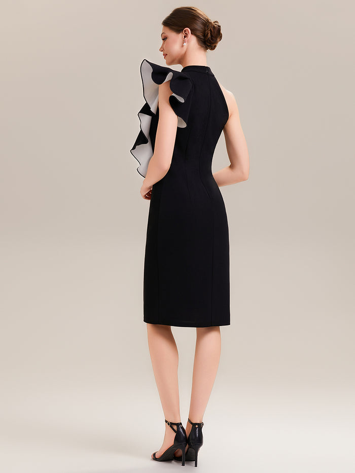 Asymmetric Ruffled Knit Sleeveless Midi Wedding Guest Dress #color_Ivory-Black