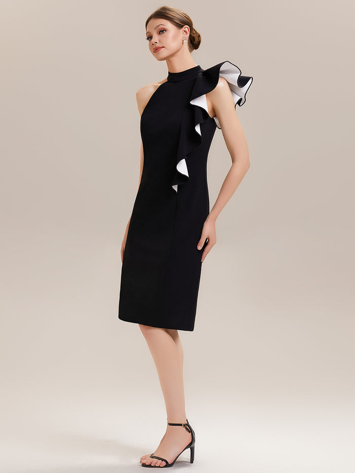 Asymmetric Ruffled Knit Sleeveless Midi Wedding Guest Dress #color_Ivory-Black