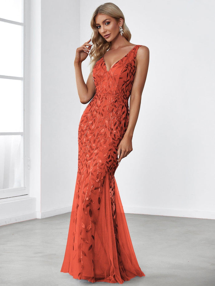 Leaf Sequin V-Neck Sleeveless Bridesmaid Dress with Tulle Hem #Color_Burnt Orange