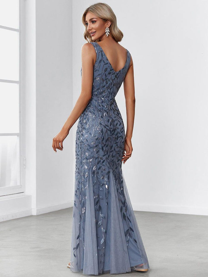 Leaf Sequin V-Neck Sleeveless Bridesmaid Dress with Tulle Hem #Color_Dusty Blue