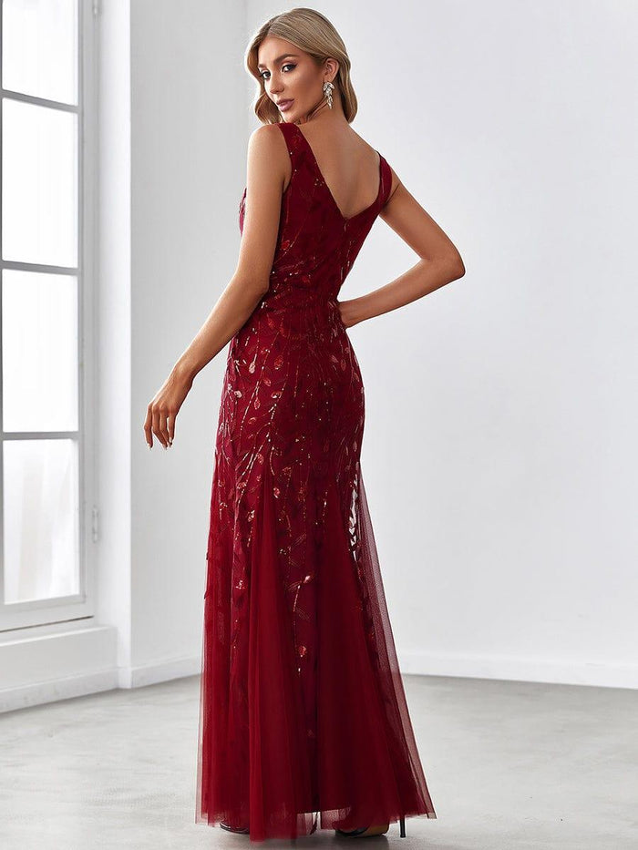 Leaf Sequin V-Neck Sleeveless Bridesmaid Dress with Tulle Hem #Color_Burgundy