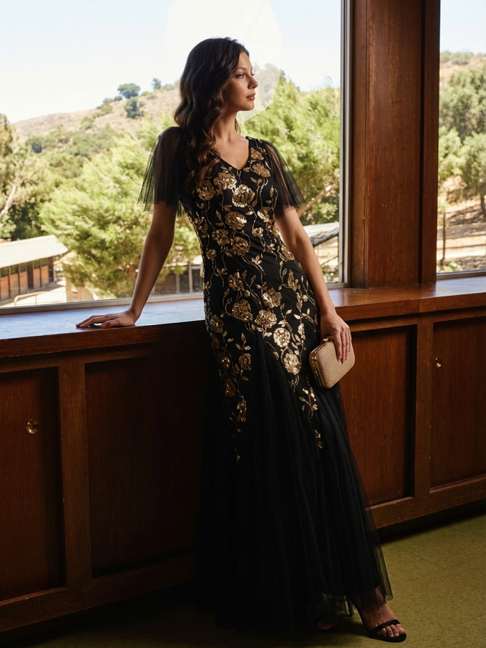Floral Embroidered Sequin Ruffle Sleeve Tulle Evening Dress #color_Black & Gold