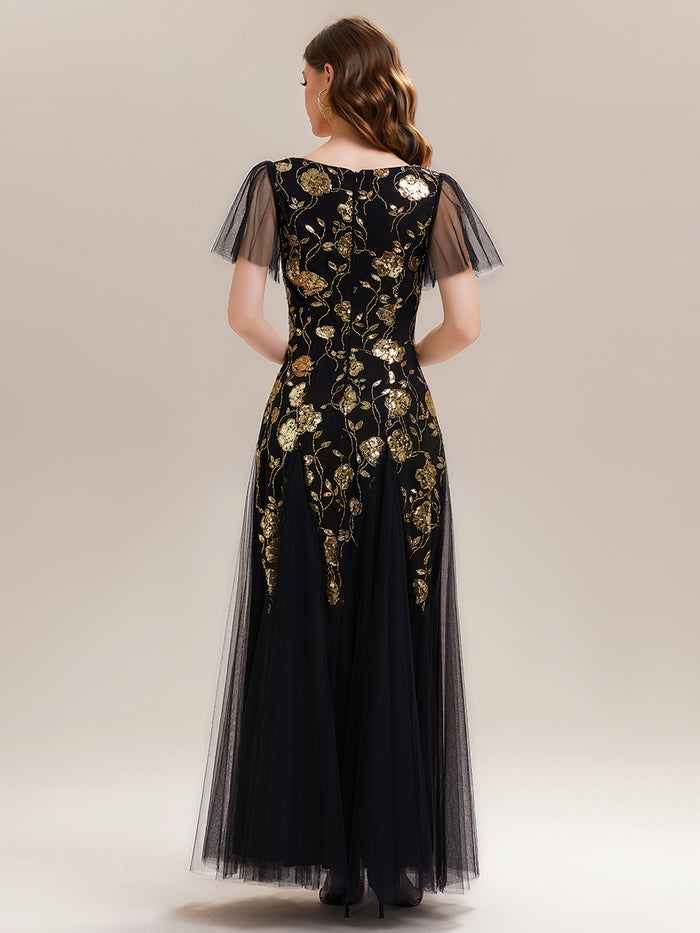 Floral Embroidered Sequin Ruffle Sleeve Tulle Evening Dress #color_Black & Gold
