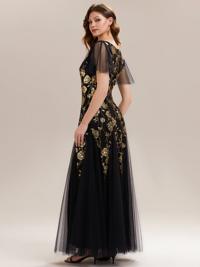 Floral Embroidered Sequin Ruffle Sleeve Tulle Evening Dress #color_Black & Gold