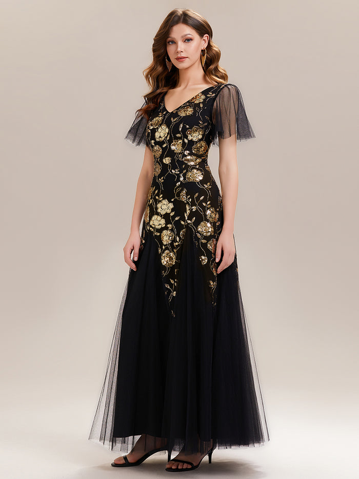 Floral Embroidered Sequin Ruffle Sleeve Tulle Evening Dress #color_Black & Gold