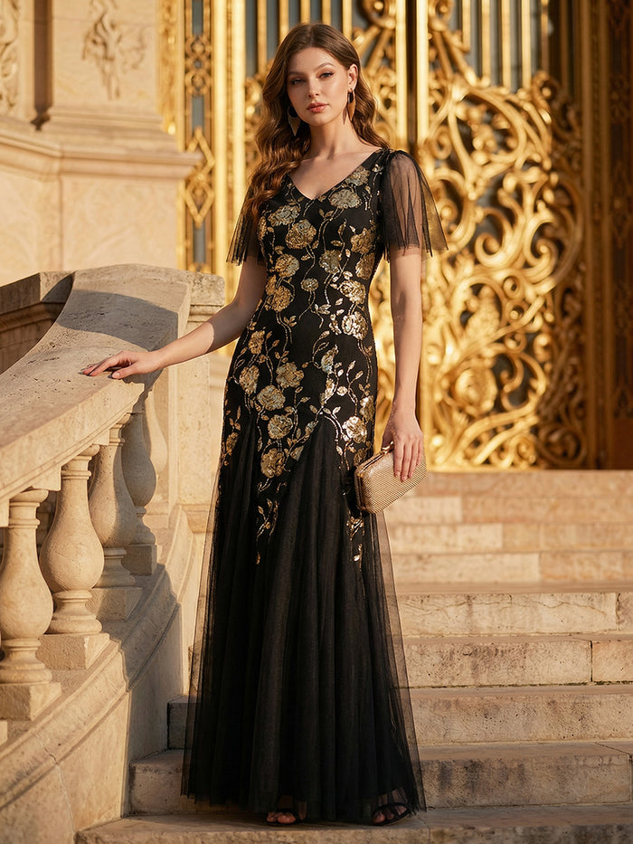 Floral Embroidered Sequin Ruffle Sleeve Tulle Evening Dress #color_Black & Gold