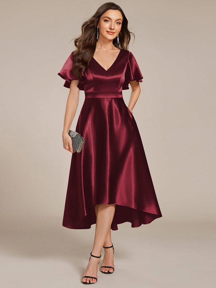 Satin V-Neck Flutter Sleeve Midi Bridesmaid Dress with Pockets #color_Burgundy